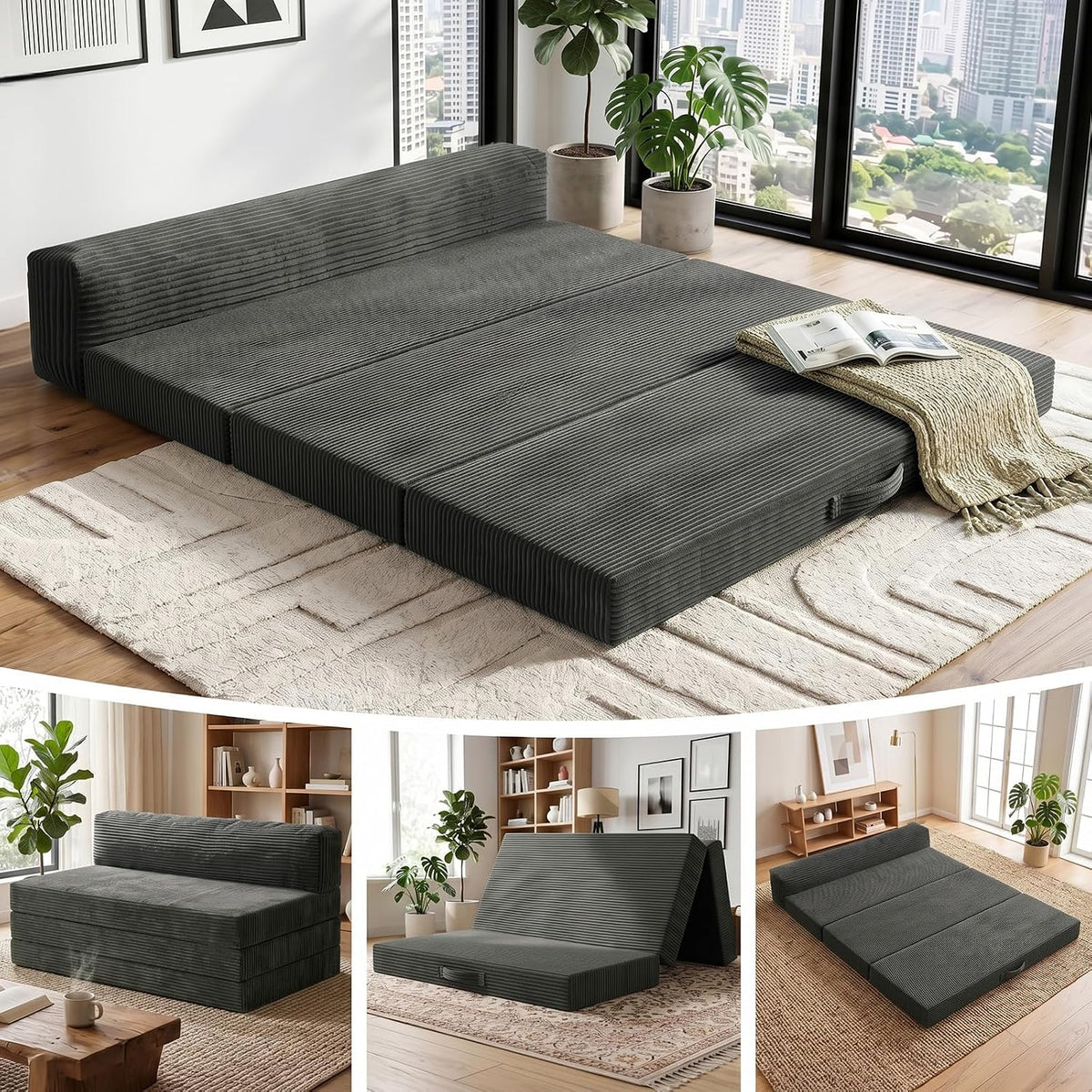 6 Inch Tri-Fold Memory Foam Mattress Full Size, 5 in 1 Convertible Sofa Bed, Foldable Floor Futon Sleeper Couch with Washable Cover & High-Density Foam, Portable Guest Bed for Living Room