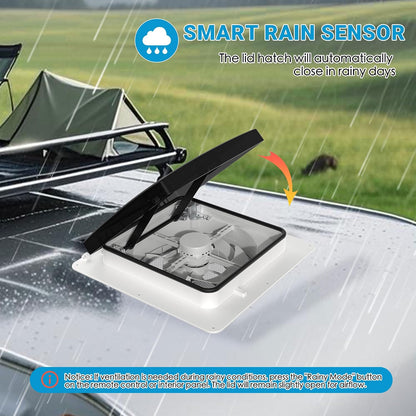 RV Roof Vent Fan 14X14 with 4 Color LED Ambiance Light, Reversible Airflow, Ultra-Quiet 12V (24V Max) Vent Fan with Remote & Rain Sensor
