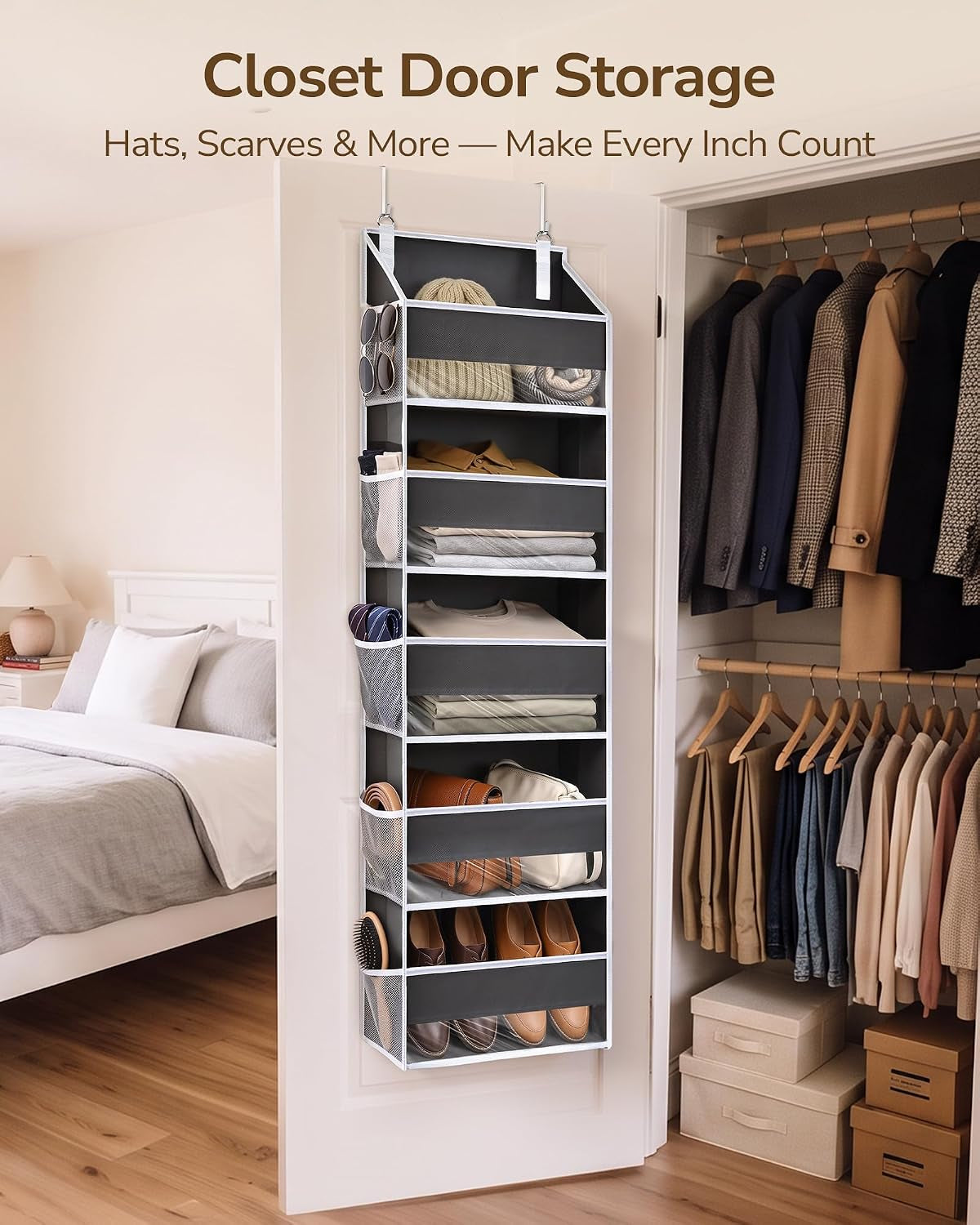 1 Pack over Door Organizer with 5 Large Pockets 10 Mesh Side Pockets, 44 Lbs Weight Capacity Hanging Storage Organizer with Clear Window Kids Toys, Diapers, Dark Grey, 5 Layers