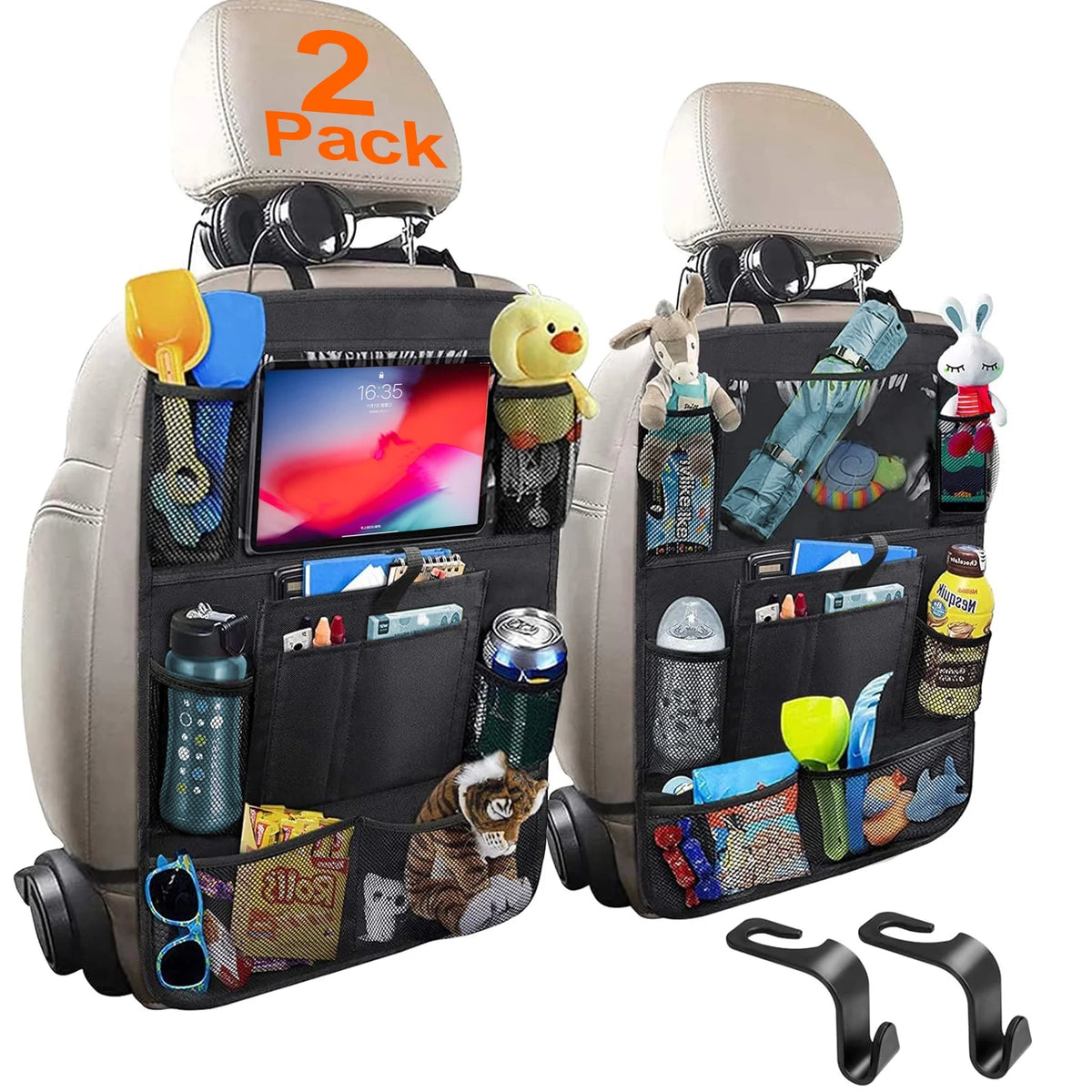 Car Backseat Organizer Set - 2 Pack Kick Mats with Tablet Holder for Kids, Travel Accessories for Efficient Car Storage
