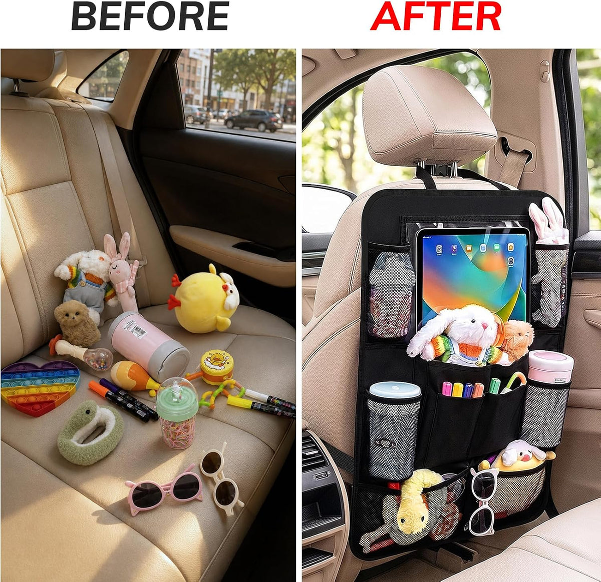 Backseat Car Organizer W/ 10 Storage Pockets 11" Tablet Holder, 2 PCS Black