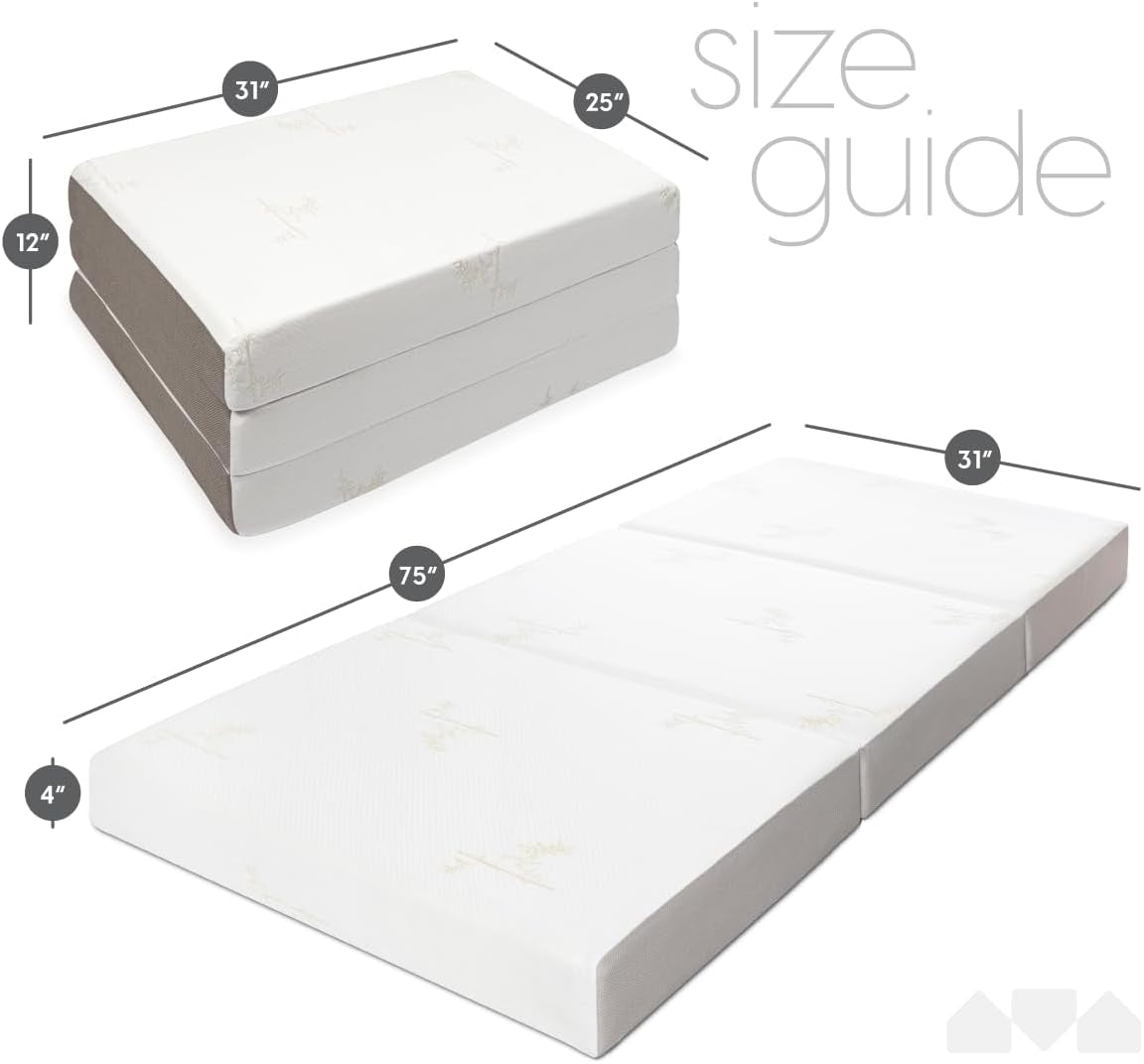 Trifold Mattress, Cot Size, 4 Inch, Portable Foldable Mattress Cot with Medium Firm Foam, Washable Cover, Tri-Folding Floor Bed, Fold up Guest Bed, RV Travel, Camping, 75" X 31”