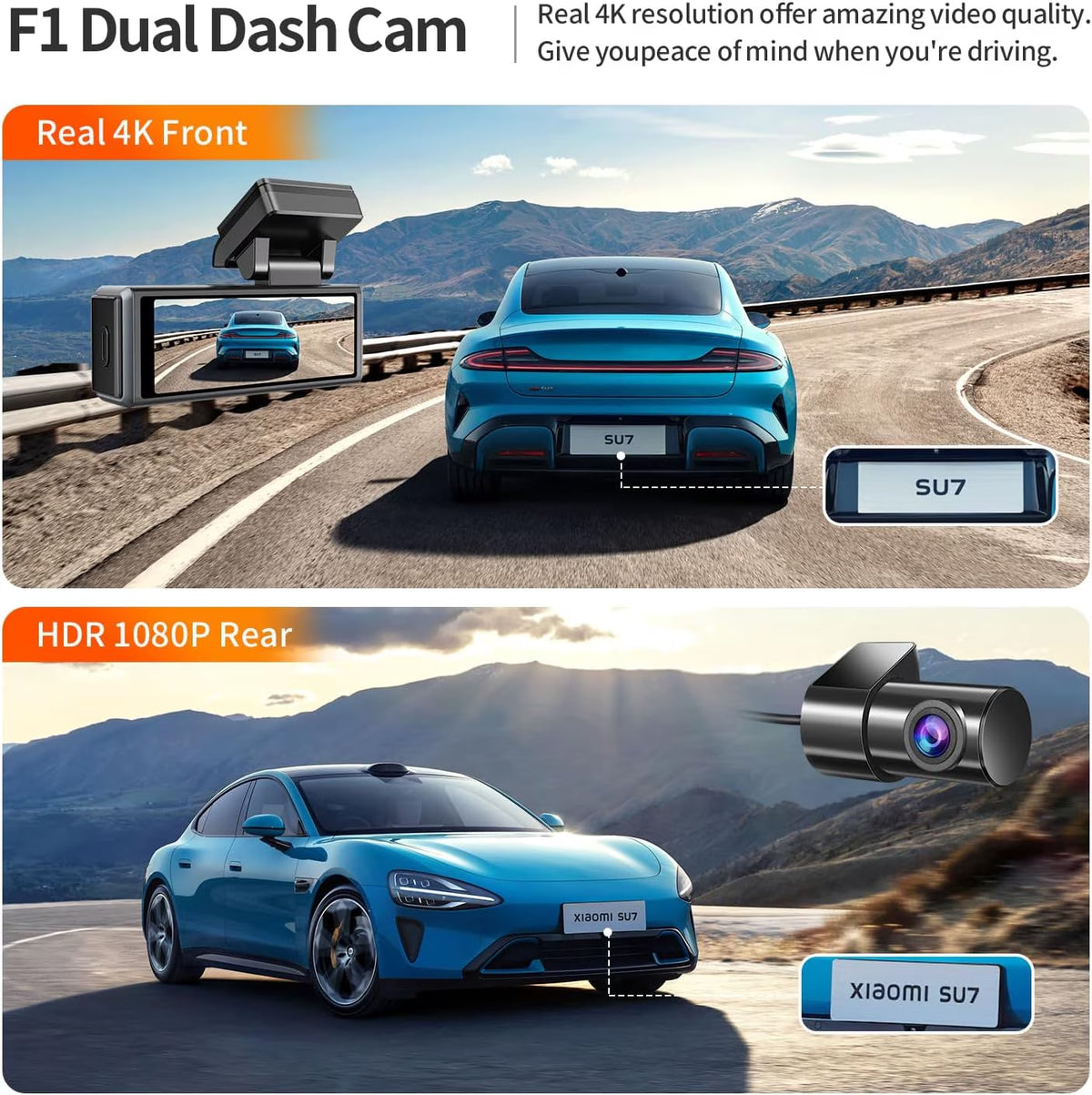 4K Front and Rear Dual Dash Cam with Wi-Fi and Mobile App Integration
