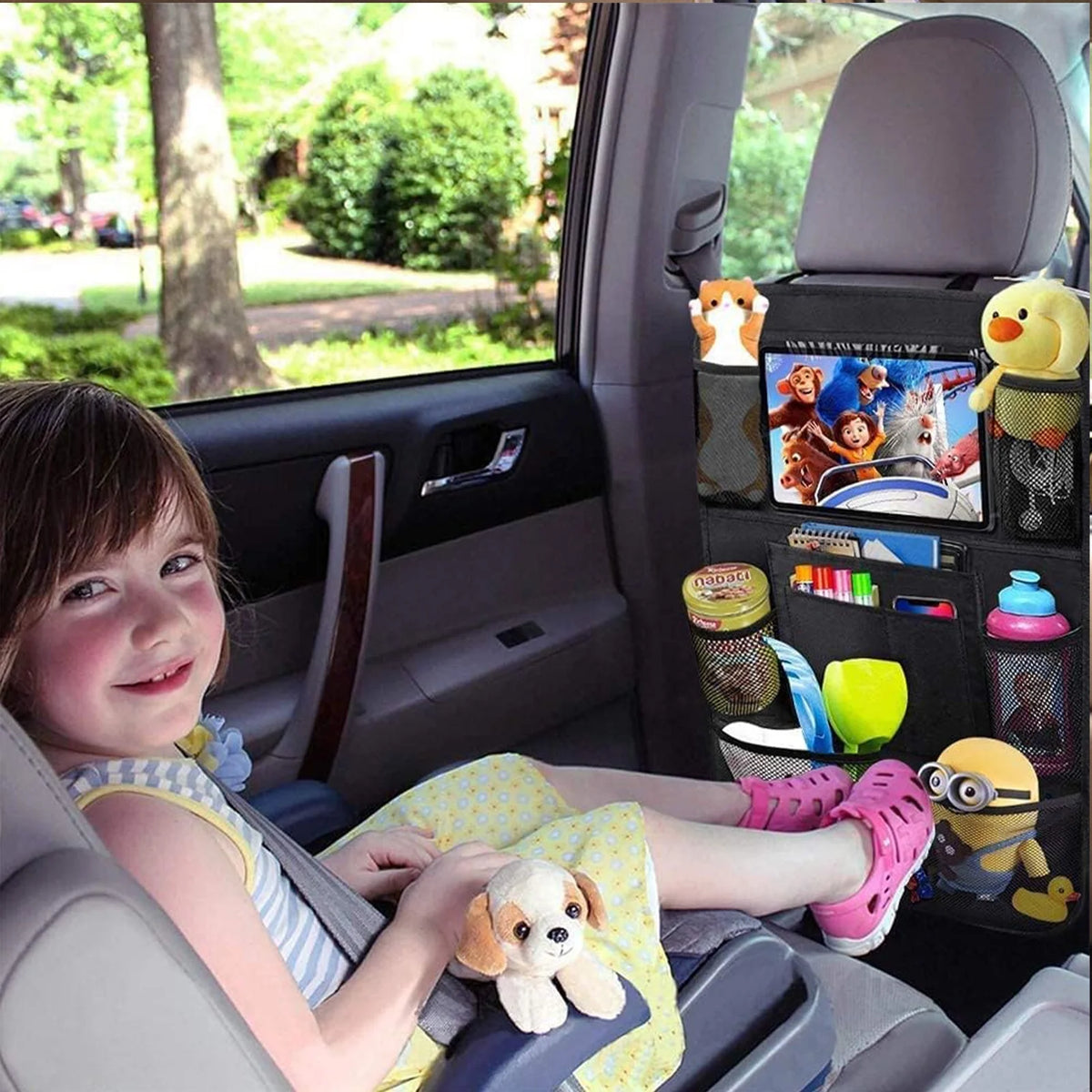 Car Backseat Organizer Set - 2 Pack Kick Mats with Tablet Holder for Kids, Travel Accessories for Efficient Car Storage