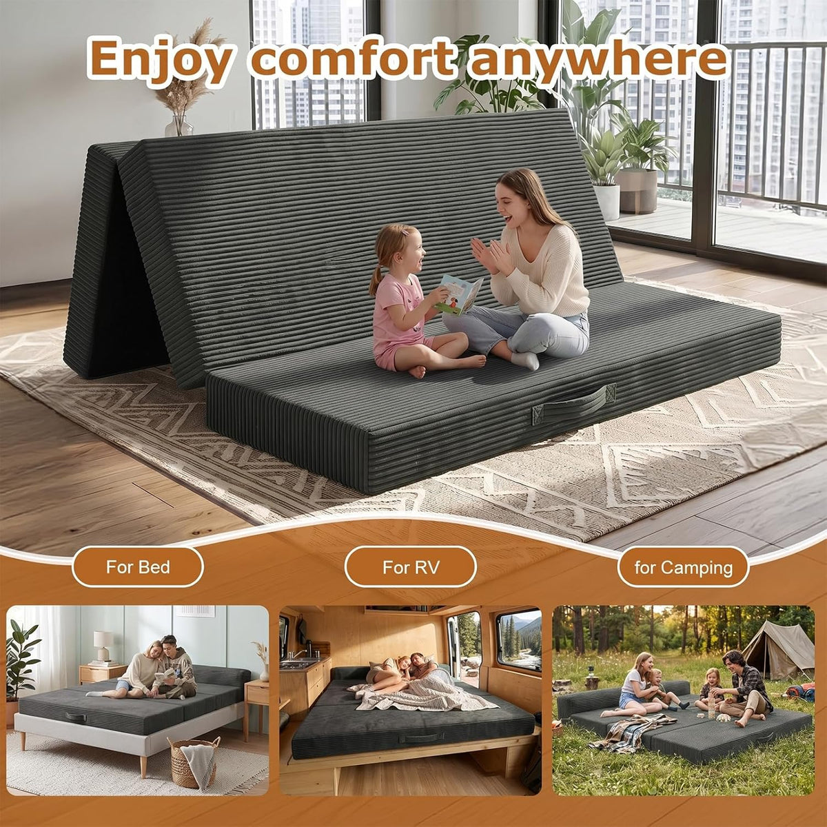 6 Inch Tri-Fold Memory Foam Mattress Full Size, 5 in 1 Convertible Sofa Bed, Foldable Floor Futon Sleeper Couch with Washable Cover & High-Density Foam, Portable Guest Bed for Living Room